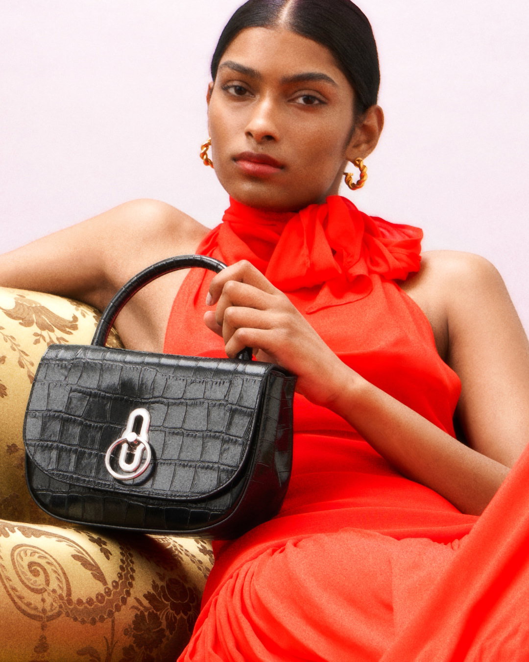 Small Amberley Top Handle in Black Shiny Small Croc