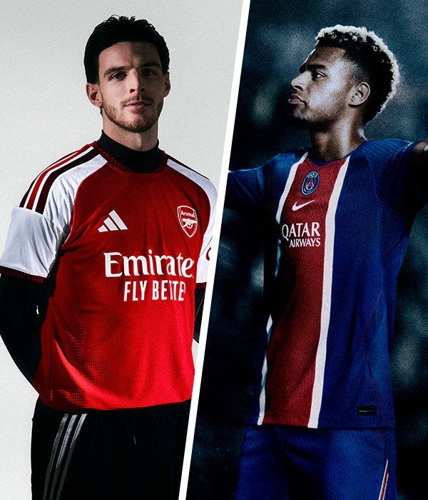 Split image of footballers in Arsenal red Adidas Emirates kit (left) and PSG blue‑red Qatar Airways kit (right)