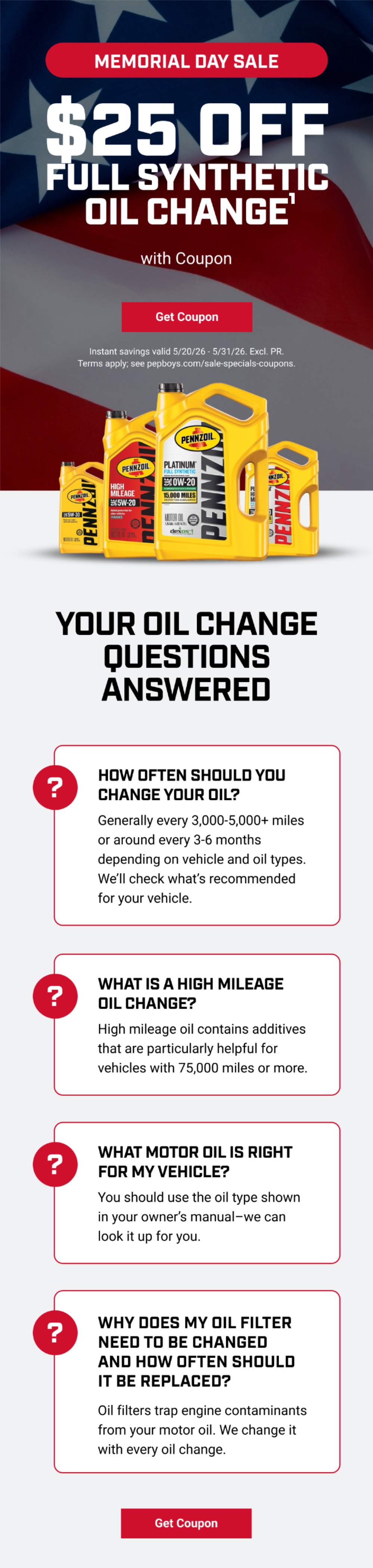 $25 OFF FULL SYNTHETIC OIL CHANGE WITH COUPON(1)