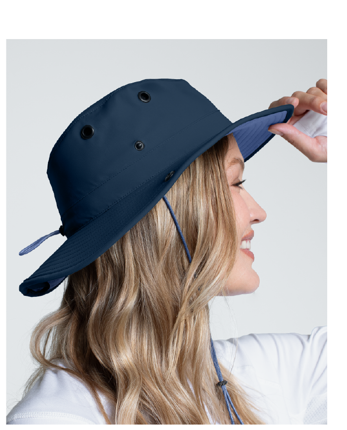 Woman wearing Trek All-Weather Hat in Navy