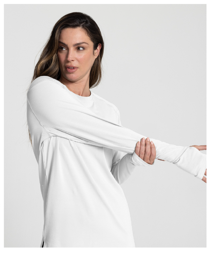 Woman wearing UPF 20+ Bamboo Sun Shirt in White