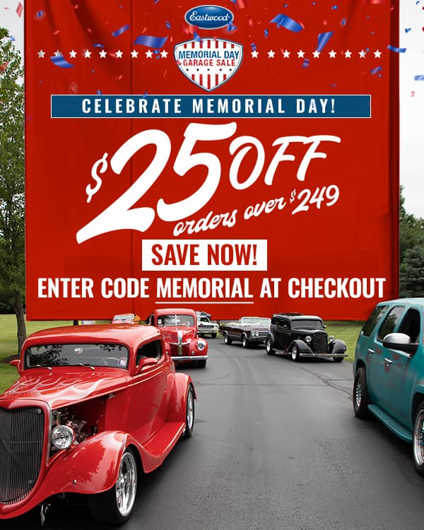 Memorial Day Garage Sale graphic with classic hot rods and $25 off $249 offer.