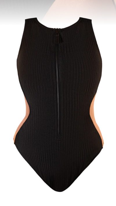 Black one-piece swimsuit with a zip front and side cutouts.