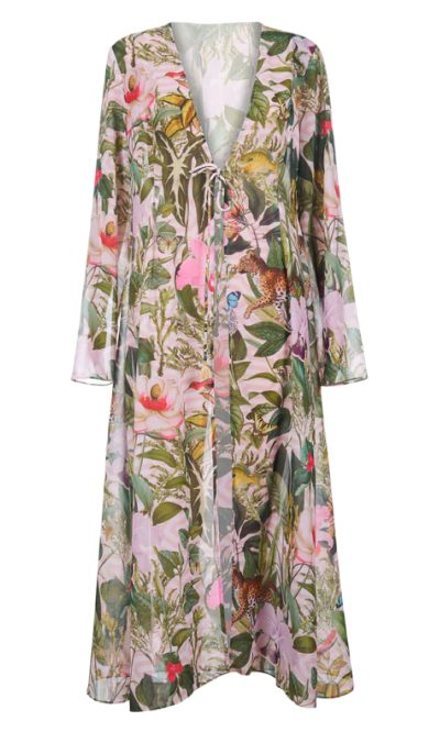 A floral patterned dress with a deep V-neck and long sleeves.