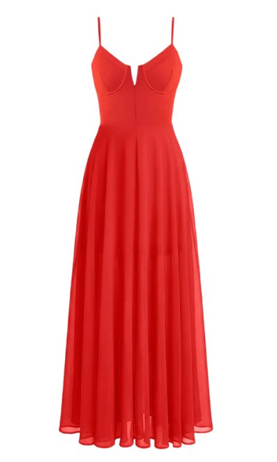 A red, sleeveless maxi dress with a fitted bodice and flowing skirt.