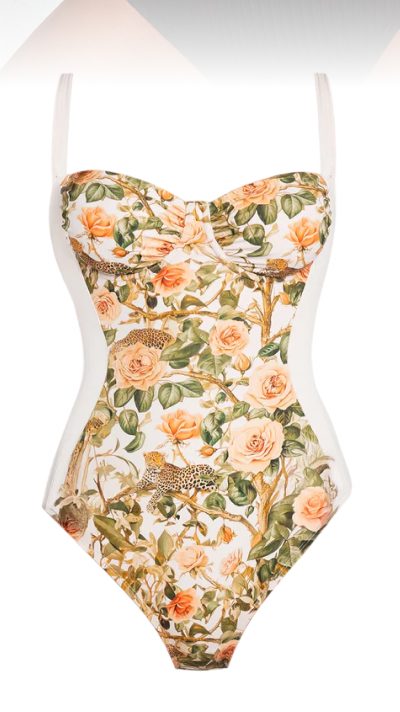 Floral one-piece swimsuit with leopard print accents and a sweetheart neckline.