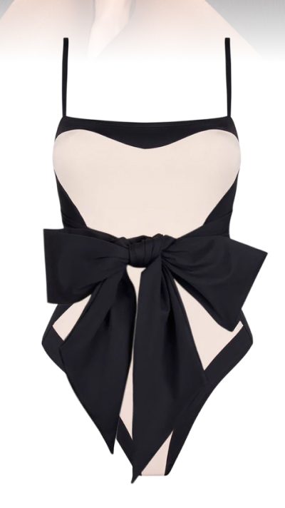 A stylish one-piece swimsuit featuring a heart-shaped neckline and a large black bow at the waist.