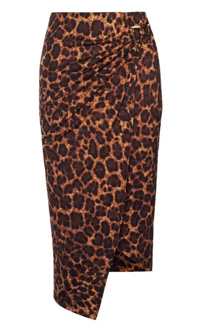 Leopard print wrap skirt with a draped design and asymmetrical hem.