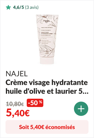 5,40 euros éconimisés sur la Crème Visage Hydratante bio huile d'olive et laurier 50ml - NAJEL