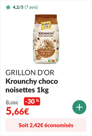 2,42 euros éconimisés sur le Krounchy choco noisettes bio 1kg - GRILLON D'OR