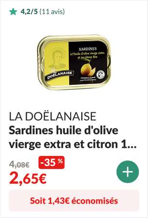 1,43 euros éconimisés sur les Sardines à l'huile d'olive vierge extra et citron Bio 115g - LA DOËLANAISE