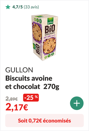 0,72 euros éconimisés sur les Biscuits avoine chocolat bio 270g - GULLON