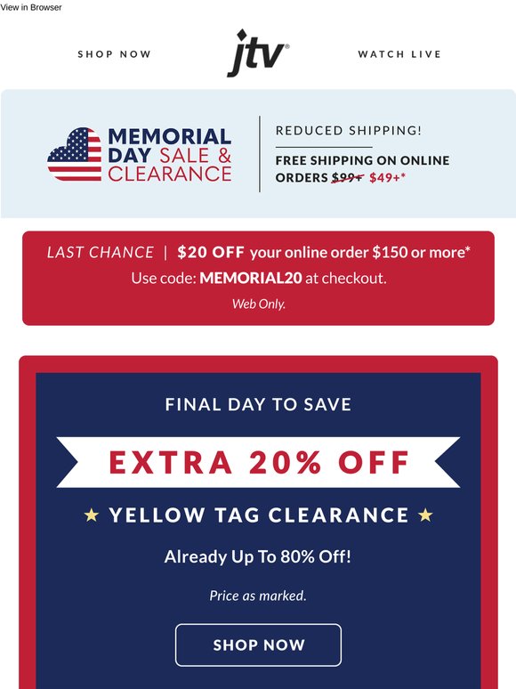 Final Hours — $20 off your online order!
