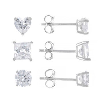 White Cubic Zirconia Rhodium Over Sterling Silver Stud Earring Boxed Set of 3 2.03ctw