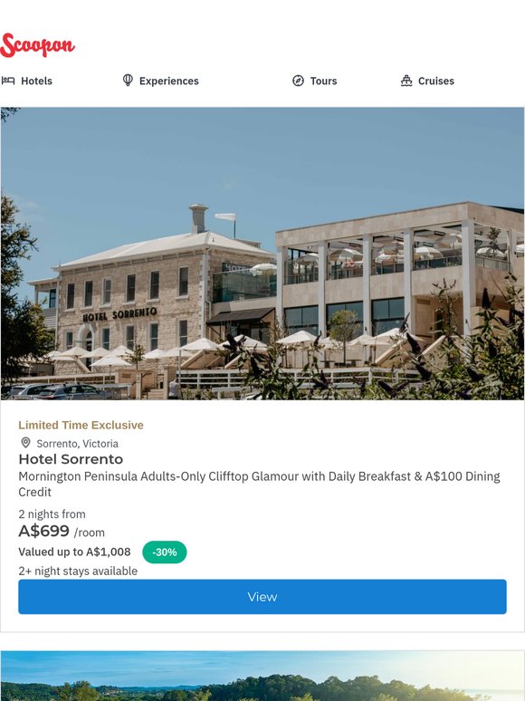 Hotel Sorrento Adults-Only Glamour w. Daily Breakfast & A$100 Dining Credit