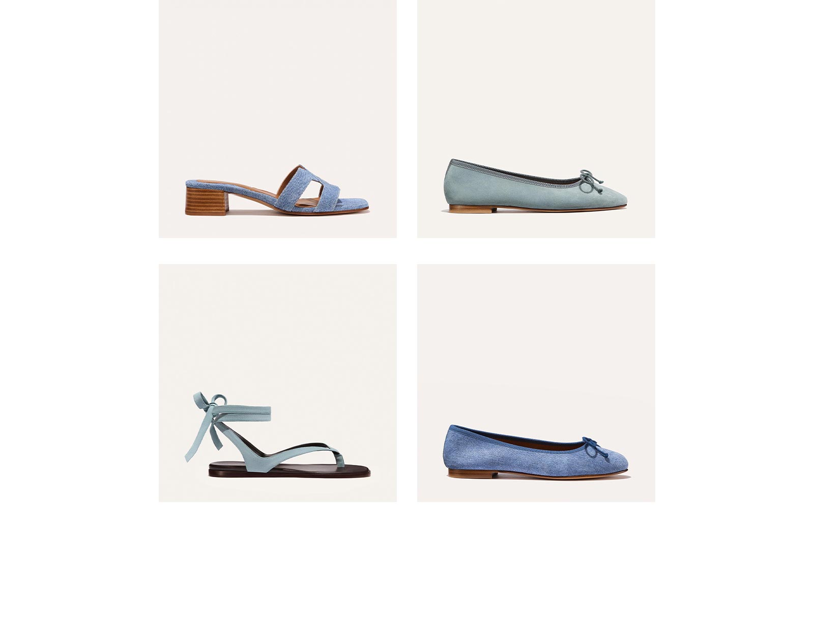 The MX 25 in Denim Suede, The Fonteyn in Ocean Suede, The Palermo Wrap Sandal in Ocean Suede, The Demi in Denim Suede