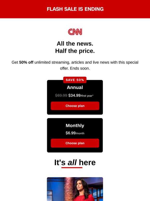 Flash sale ends soon: Get 50% off streaming and articles.