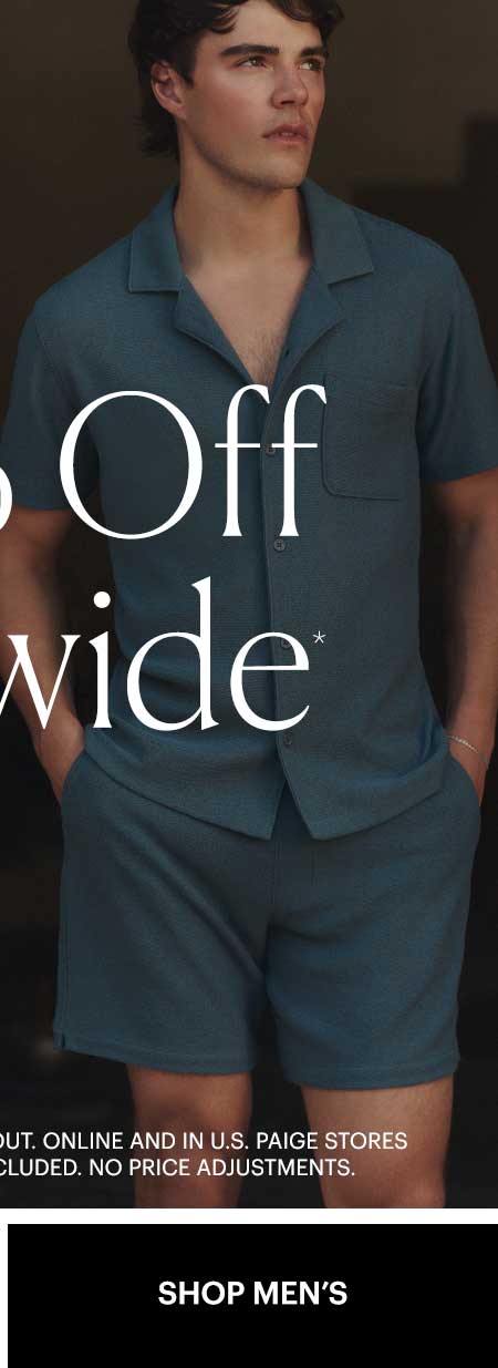 25% Off Sitewide - Shop Men's. Featuring a man wearing a blue short sleeve button up shirt and matching shorts made from a micro-boucle knit.