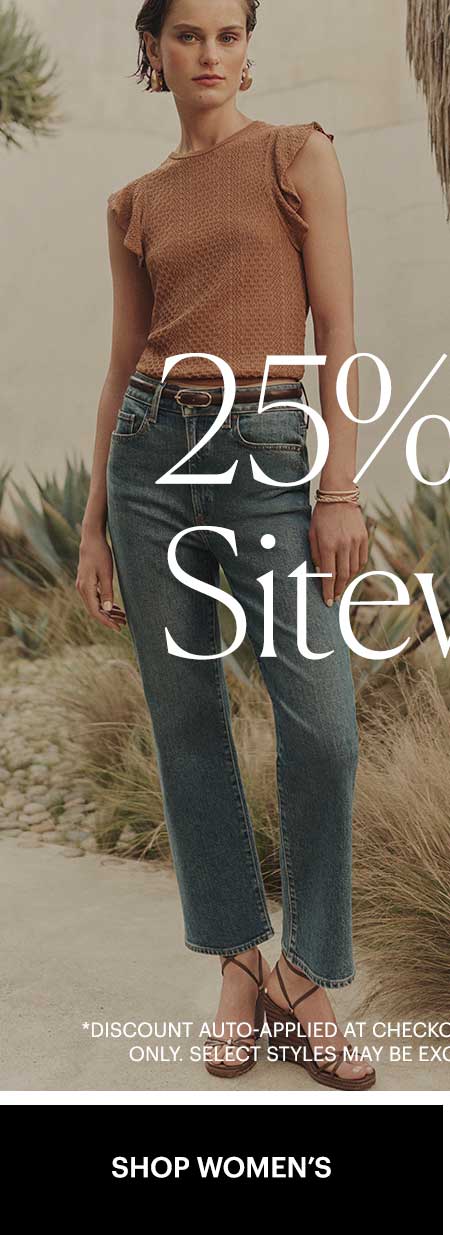 25% Off Sitewide - Shop Women's. Featuring an image of a woman wearing an earthy brown sleeveless knit top with medium wash blue jeans.