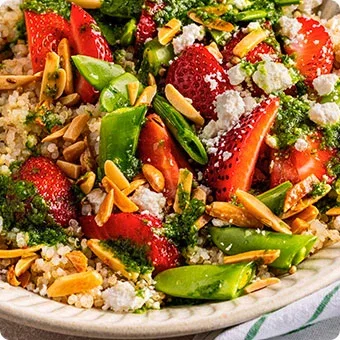 Quinoa Bowls with Snap Peas, Strawberries, and Basil Vinaigrette