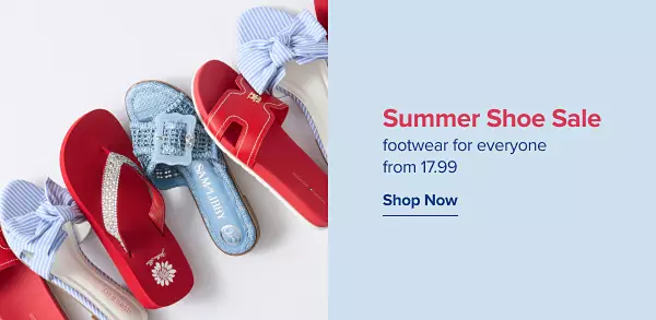 Red and blue sandals. Summer shoe sale. Footwear for everyone from 17.99. Shop now.