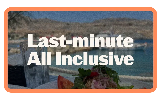 Coral-orange border, 'Last-minute All Inclusive' white bold text, blurred coastal hillside, blue water, clear glass tumbler, plate with lettuce, tomato slices, salad ingredients and rounded corners.