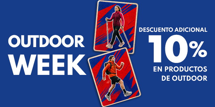 Promotional banner: Outdoor Week showing two hikers with walking poles and a backpack, 10% additional discount on outdoor products