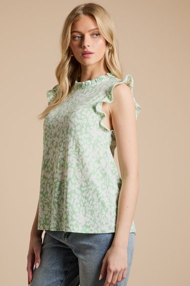 Frill Yoke Printed Jersey Shell Top