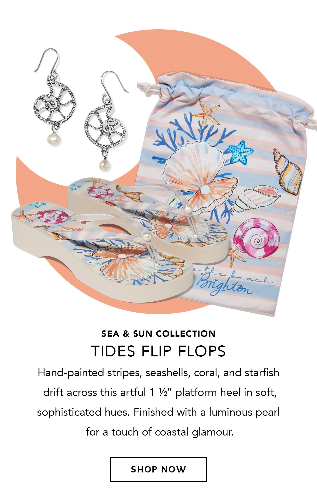 Sea and Sun Collection - Tides Flip Flops - Hand-painted stripes, seashells, coral, and starfish drift across this artful one-and-a-half-inch platform heel in soft, sophisticated hues. Finished with a luminous pearl for a touch of coastal glamour. - Shop Now