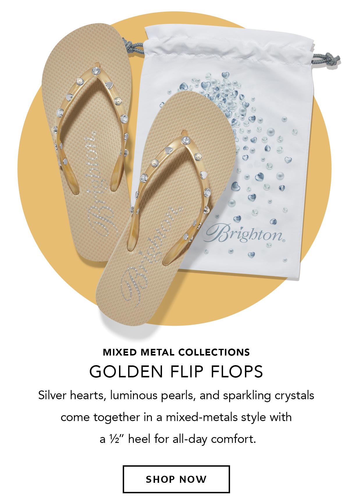 Mixed Metal Collections - Golden Flip Flops - Silver hearts, luminous pearls, and sparkling crystals come together in a mixed-metals style with a half-inch heel for all-day comfort. - Shop Now