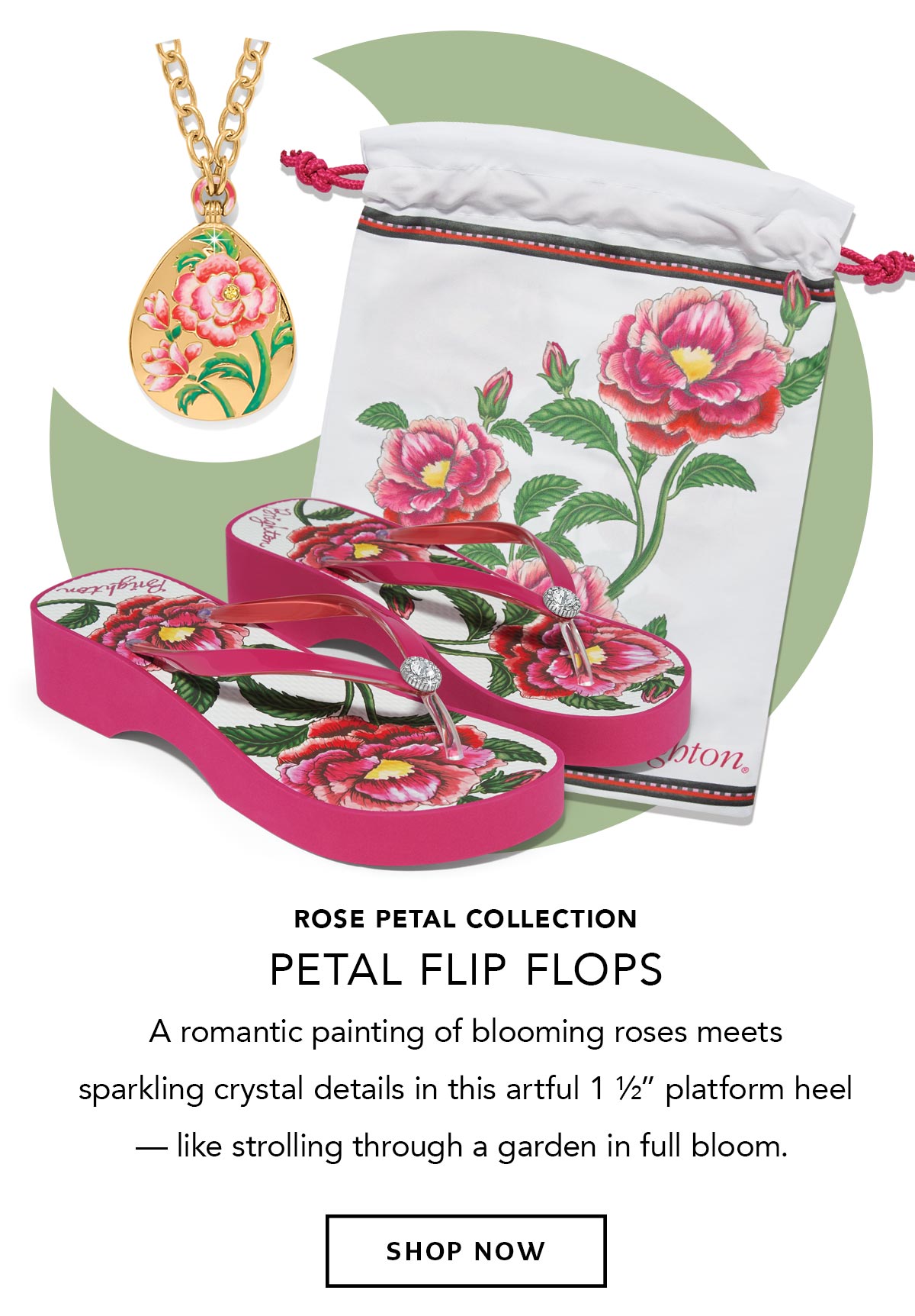 Rose Petal Collection - Petal Flip Flops - A romantic painting of blooming roses meets sparkling crystal details in this artful one-and-a-half-inch platform heel - like strolling through a garden in full bloom. - Shop Now