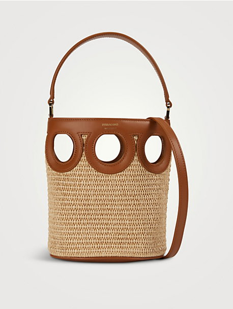 Mini Leather-Trimmed Raffia Bucket Bag