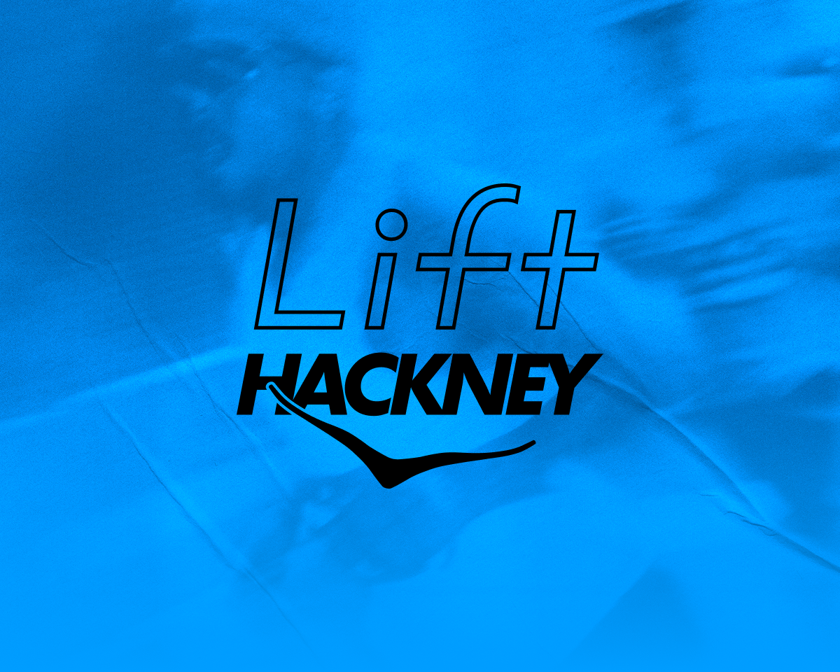 Blurred image of runner on a blue background with the logo Lift Hackney in black.