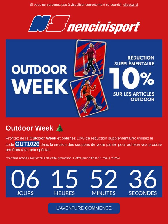 🌲 Réduction Supplémentaire 10% - Outdoor Week