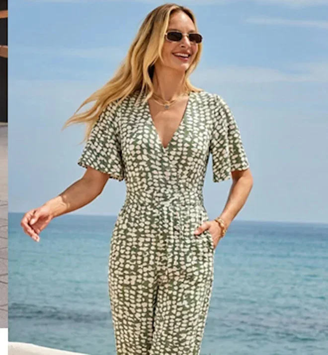 Sage Green & Ivory Geometric Spot Print Belted Jumpsuit