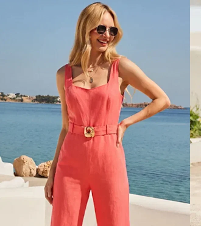 Coral Linen Blend Belted Square Neck Jumpsuit