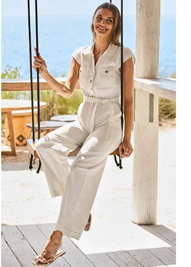Ivory Belted Soft Denim Wide Leg Jumpsuit