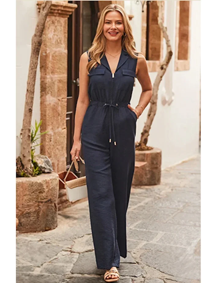 Navy Blue Zip Front Wide Leg Jumpsuit