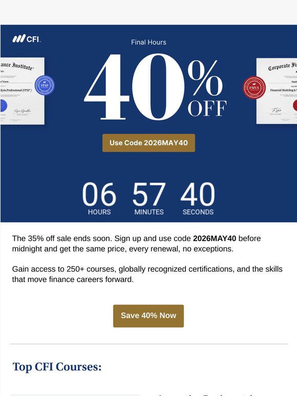 Time is running out. Save 40% on all CFI plans, today only.
