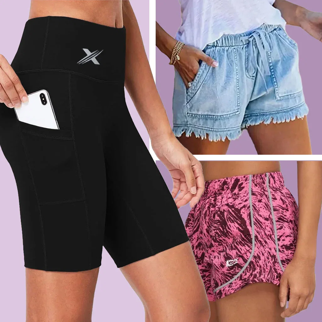 Three women's shorts styles displayed against a purple background: black biker shorts with pockets, light blue denim shorts, and pink velvet shorts.