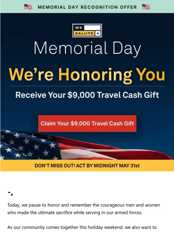 Your Memorial Day Gift: $9,000 in Travel Cash + 75% OFF WeSalute+ 🇺🇸