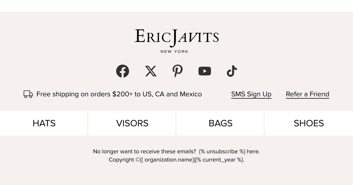 Free shipping on orders over $200 to US, CA, and Mexico. Social media links and unsubscribe option.