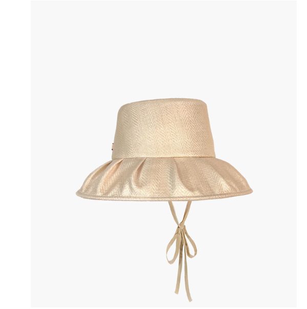 A light beige hat with a wide brim and a tie at the back.