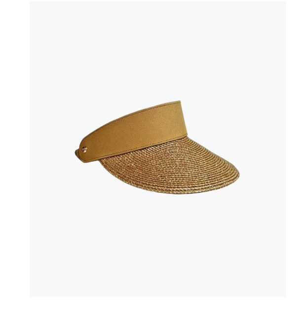 A tan straw visor hat with a wide brim and a fabric band.