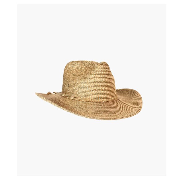 A straw cowboy hat with a wide brim and a textured design.