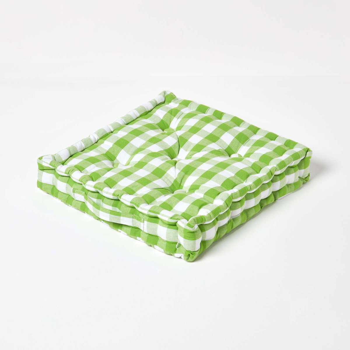 Image of Green Block Check Cotton Gingham Floor Cushion, 50 x 50 cm