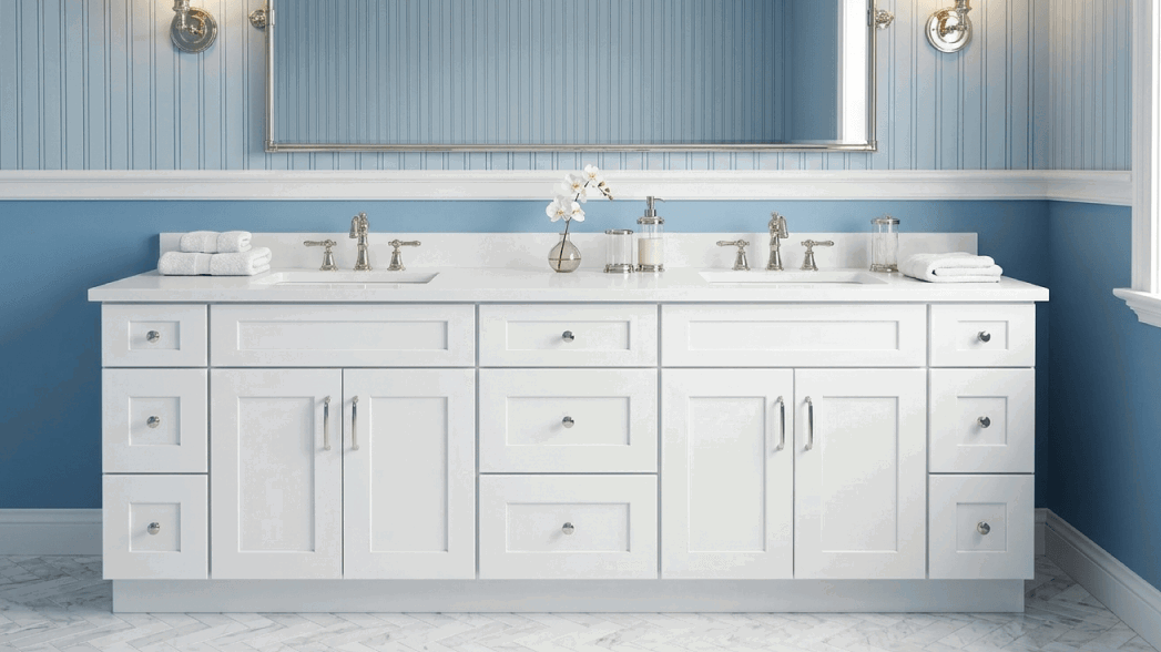 Elegant bathroom vanity with dual sinks.