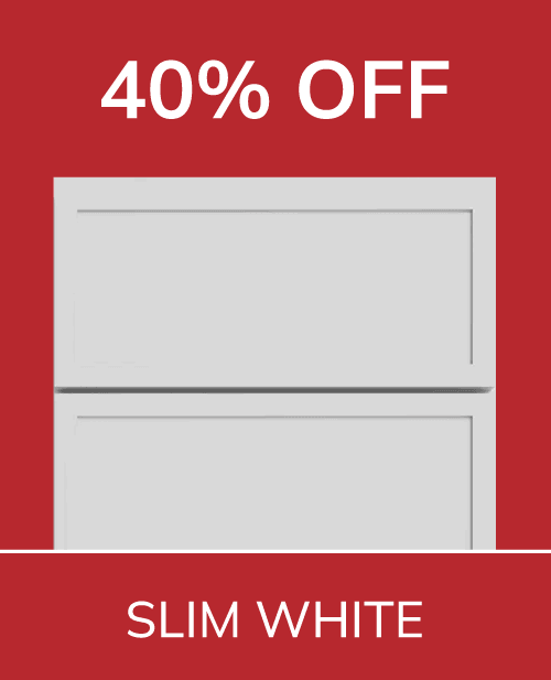 40% off slim white cabinets on red background