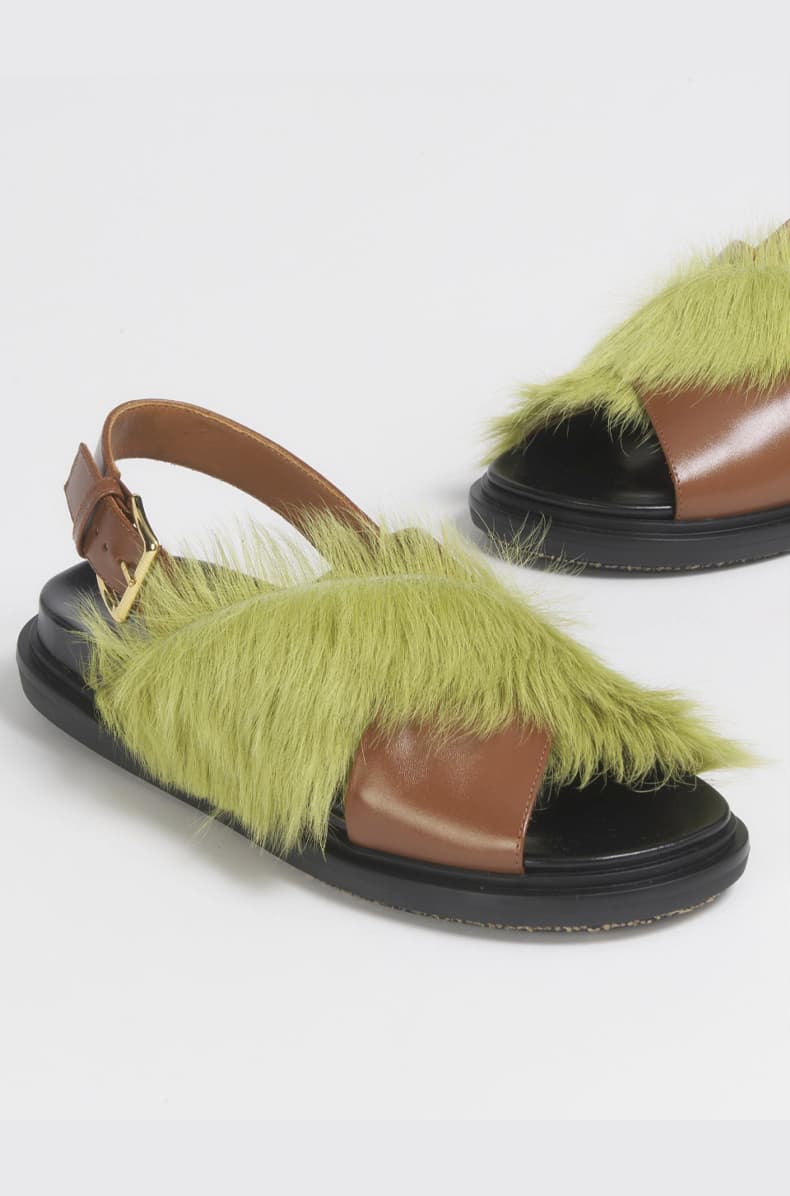 Marni Fussbett Long-Hair and Leather Sandals in Brown/Lime