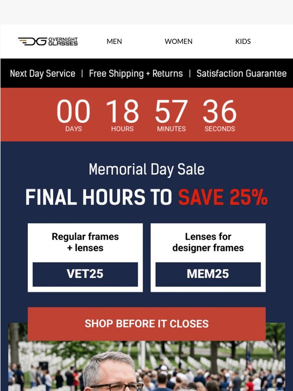 ⏳Last call for Memorial Day Sale. Save 25% on frames + lenses